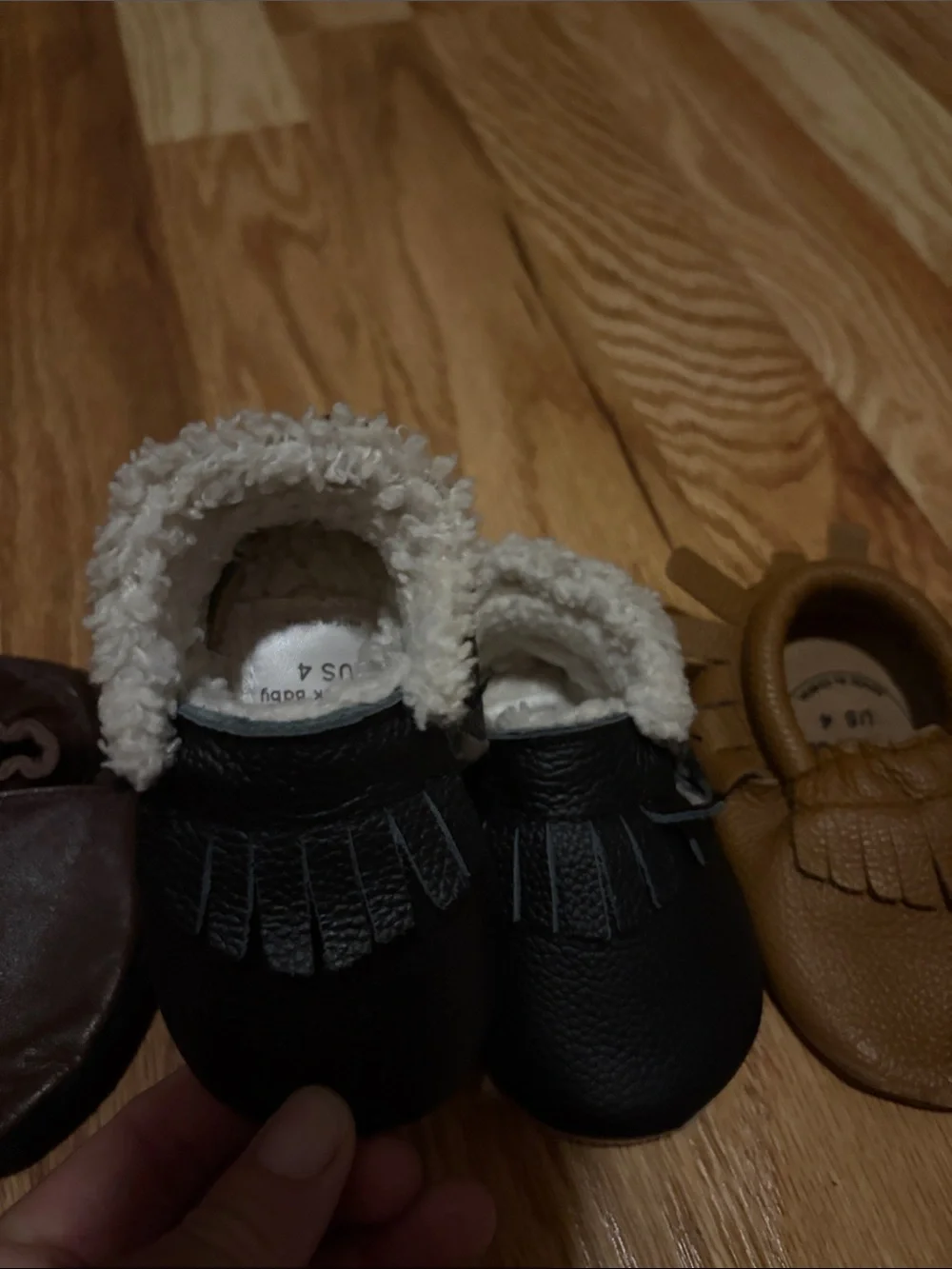 Kids Fringe Moccasin Shoes in Brown and Black - bird rock sz 4
